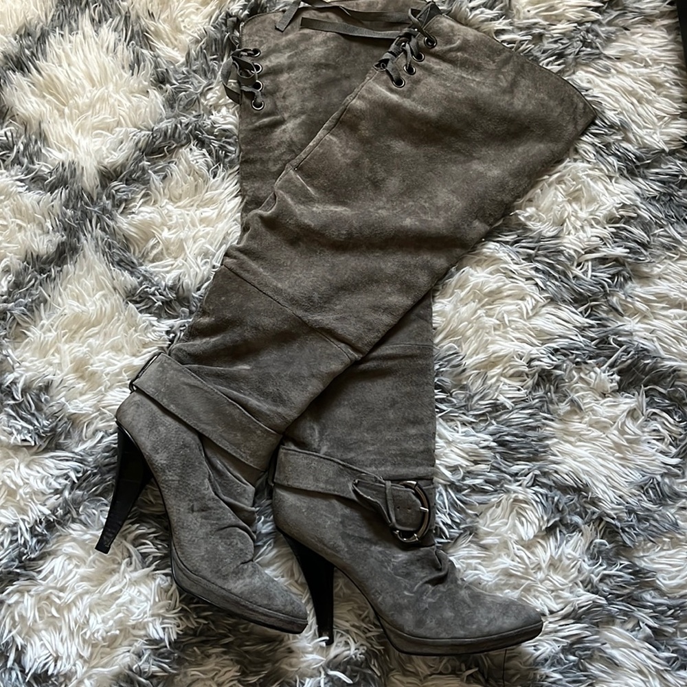 Gray leather knee high boots